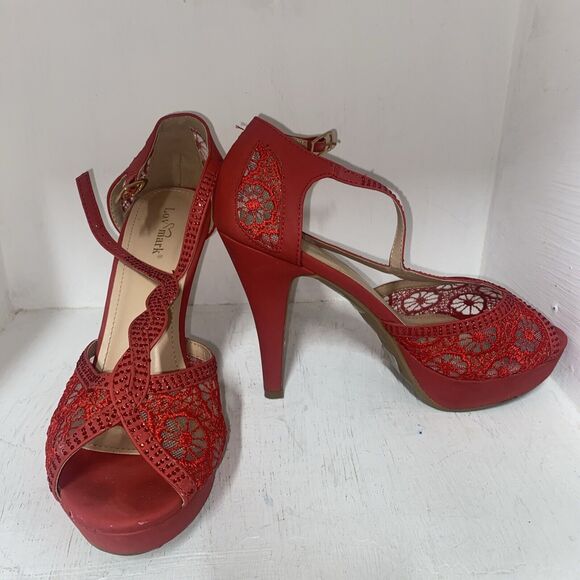 Lov Mark High Heels Womens Red Glitter Platform Ankle Strap Sandal Sz 8 - Picture 2 of 8